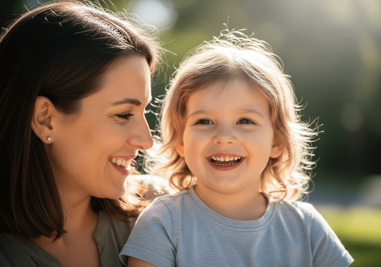 A parent and young child smiling together outdoors